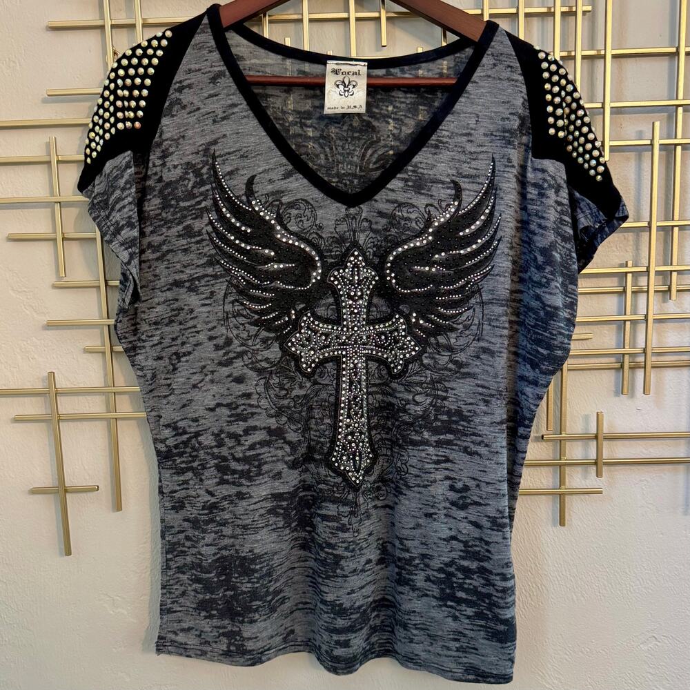 Local USA Rhinestone Winged Cross Burnout Bling Top XL